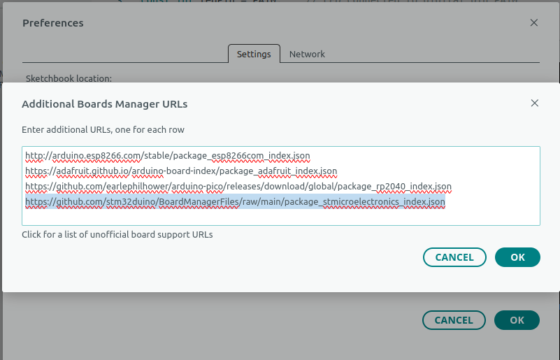 Arduino Board Manager URL Settings