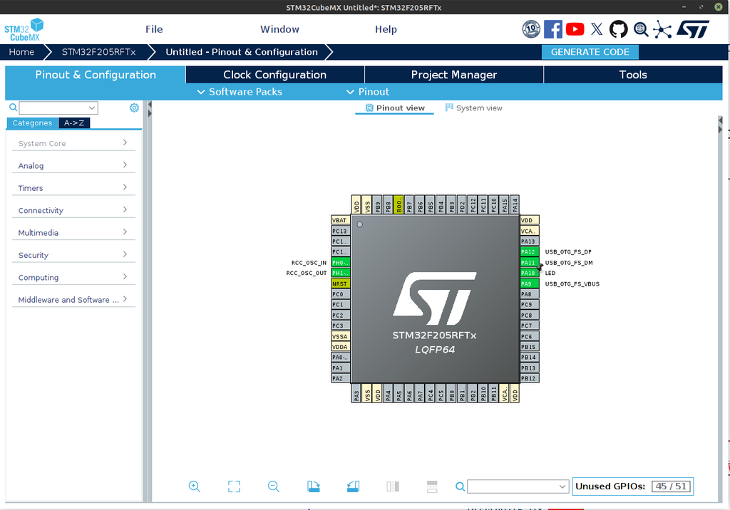 STM32 Cube MX - Pin Configuration