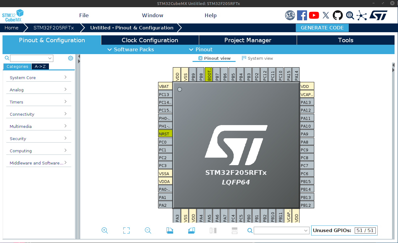 STM32CubeMX Pinout and Configuration