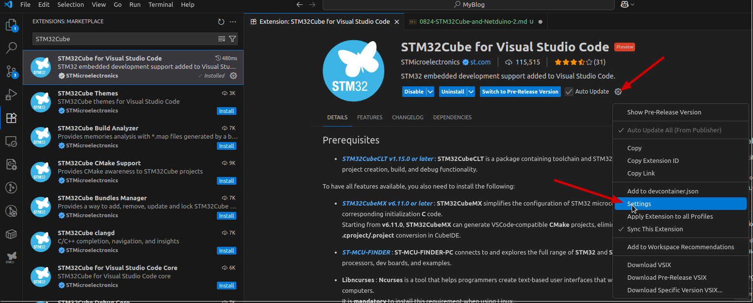 STM32Cube for VS Code Settings